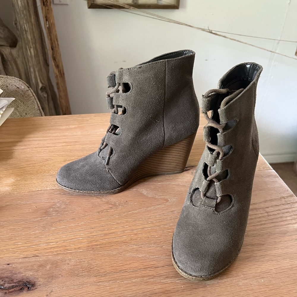 Olive Gray Suede Lace Up Wedge Booties